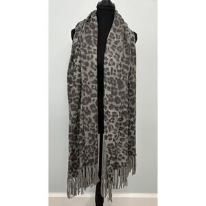 Calypso St. Barth Cashmere Animal Print Gray Black Fringe Rectangle Scarf